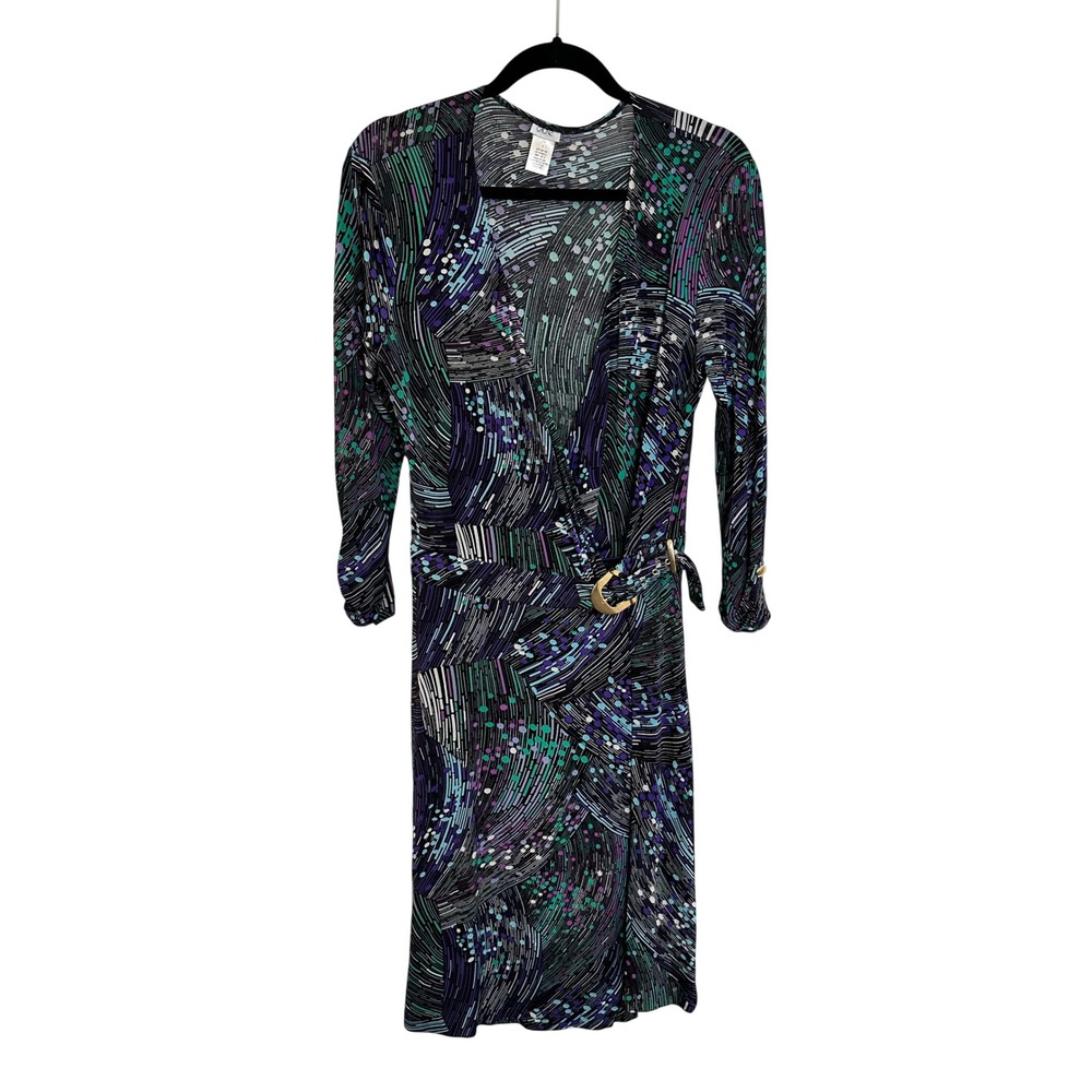 Vintage Cache Wrap Dress Size L Purple Teal Abstract Geometric Print 90s‎ Y2K